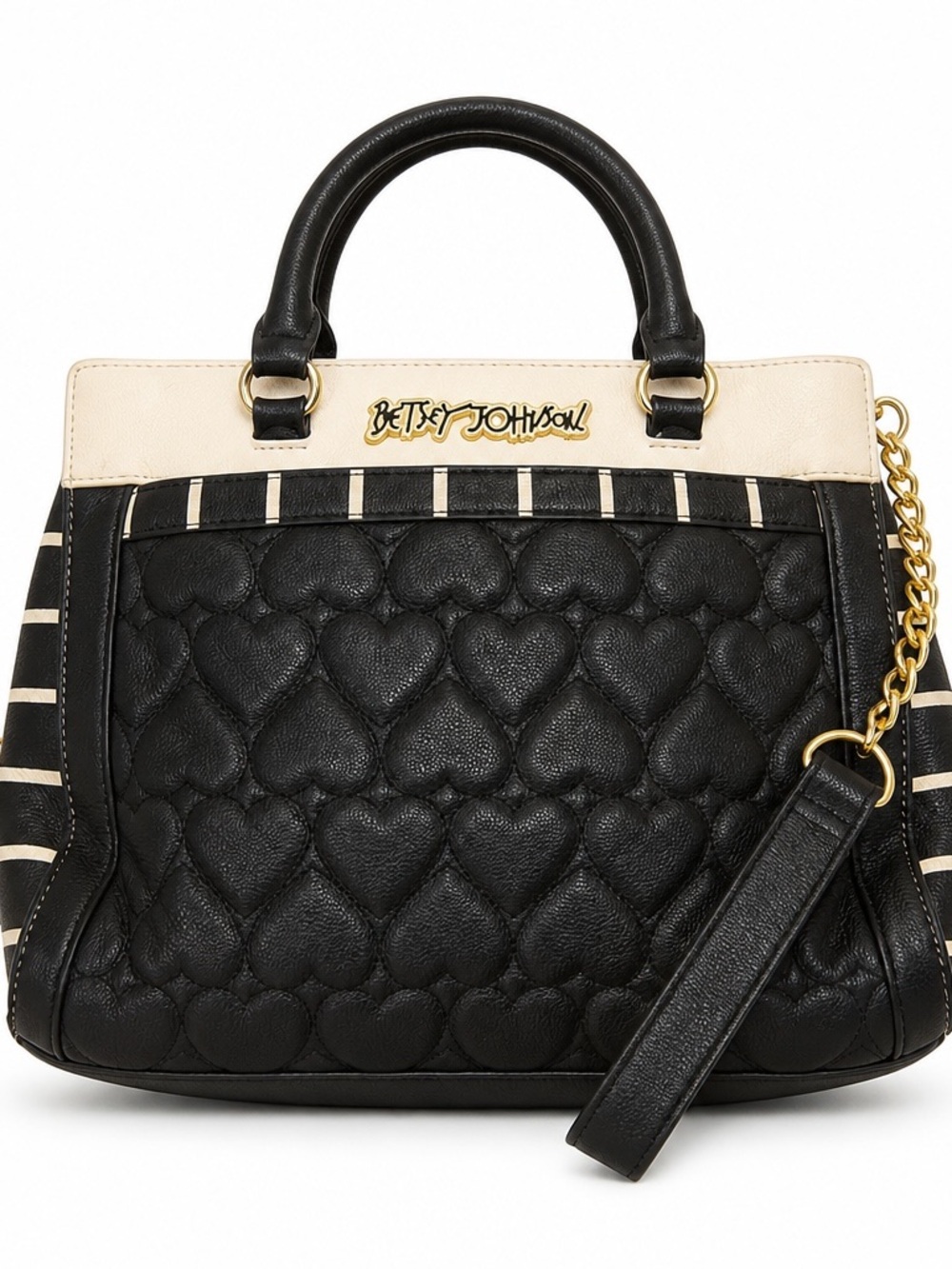Betsey Johnson Black and Cream Quilted Heart Satchel with Gold Accent